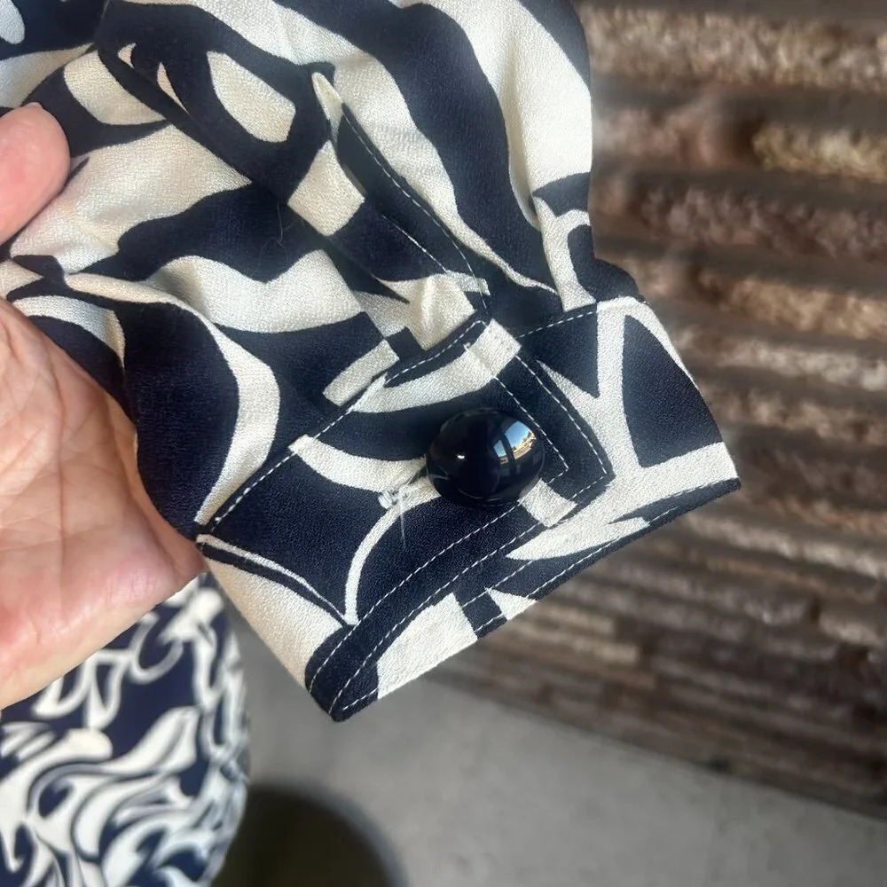 Liz Claiborne Vintage Navy Blue Geometric Scroll Classic Modest Sheath Dress - Picture 4 of 8